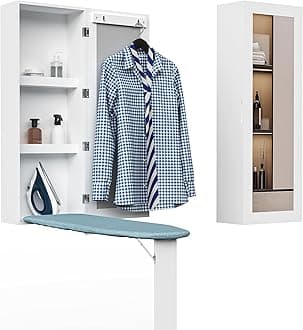 Wall Mounted Ironing Board Cabinet with Iron Storage, Built in Ironing Center, Hanging Ironing Board for Laundry, Folding Leg & Mirror