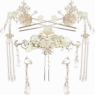 Traditional Chinese Hair Accessories Set, 5 Piece Floral Hair Pins with Tassels, Pearl Crystal Rhinestone Hair Sticks, Wedding Hanfu Style