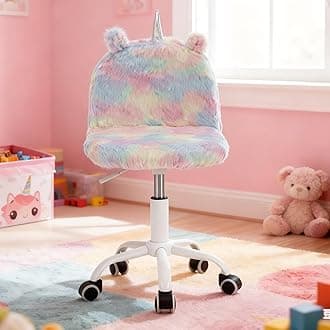 Cute Fuzzy Kids Chair Funny Rolling Study Desk Chair Colorful Girls Vanity Swivel Chair with White Foot