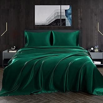 4pcs Satin Sheets Set Luxury Silky Satin Bedding Set with Deep Pocket, 1 Fitted Sheet + 1 Flat Sheet + 2 Pillowcases (Full Size, Blackish Green)