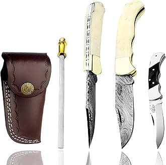 Ultimate Folding knife blue Wood Pocket Knife Compact, Damascus Knife - knives Ideal for Outdoor, Survival, Camping & Everyday Use Knife Set