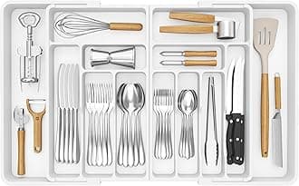 LifewitExtra Large Cutlery Drawer Organiser, Expandable to 36 Inches Utensil Tray for Kitchen, Adjustable Silverware and Flatware Holder, Compact Plastic Storage for Spoons Forks Knives, WhiteRecycled Claim Standard 100