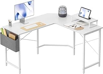 Cubiker L Shaped Gaming Desk, 120 cm Computer Corner Desk with Monitor Shelf for Home Office Study Writing Workstation, White top