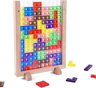 Wooden Blocks Puzzle Brain Teasers Toy, Intelligent Colorful 3D Plastic Blocks Game with Vertical Wood Frame Game Board, Tangram Educational Montessori Toys Gift for Kids Age 4-8 Years Old