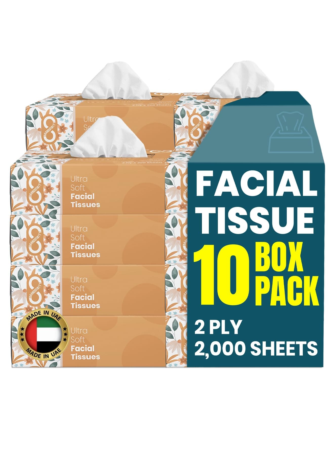 Brandsfinity Daily Care Facial Tissue - Pack of 10 Boxes, Total 2000 Sheets, 2 Ply Large, Soft & Fluffy Facial Tissues (200 Sheets each box)