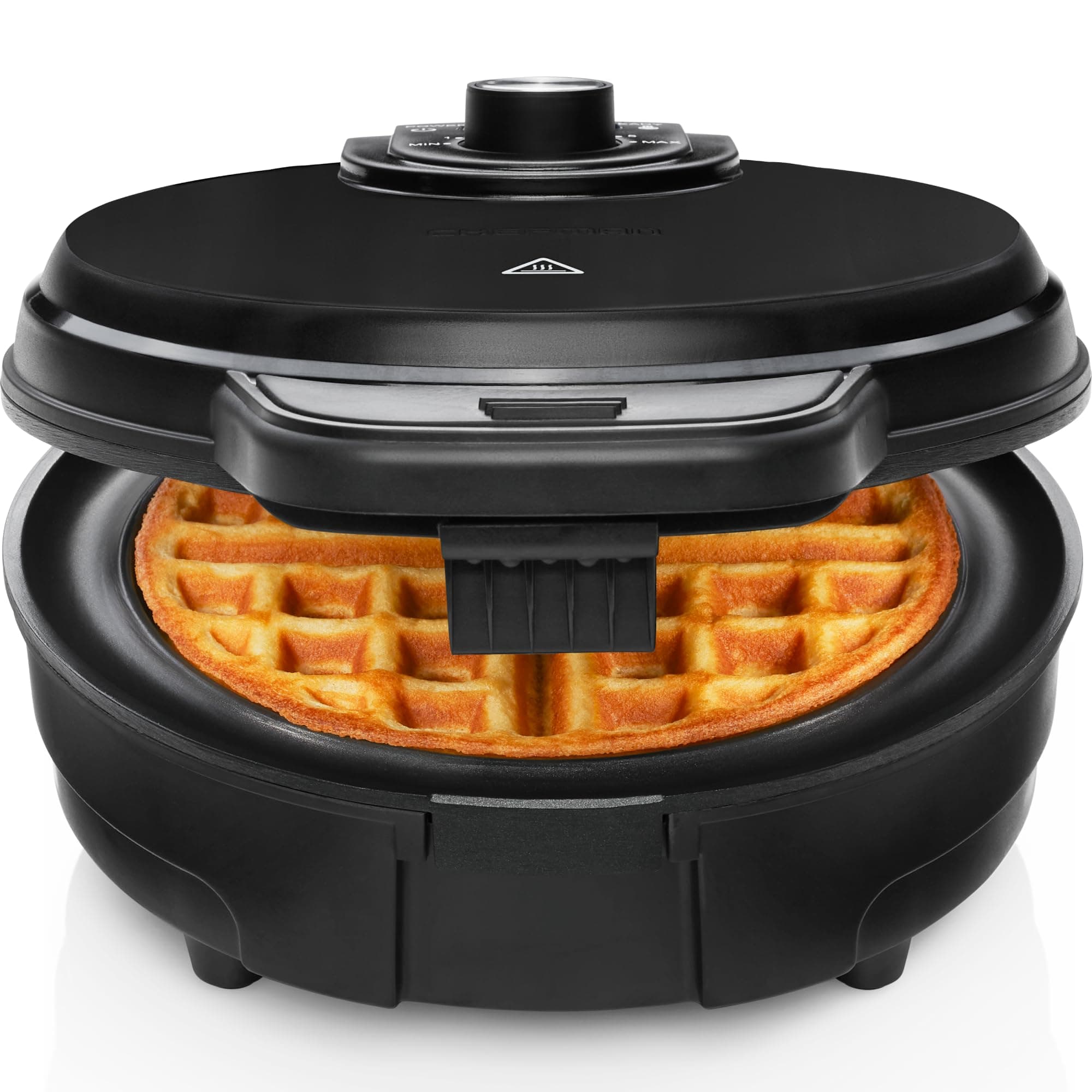 Anti-Overflow Belgian Waffle Maker w/Shade Selector, Temperature Control, Mess Free Moat, Round Iron w/Nonstick Plates & Cool Touch Handle, Measuring Cup Included, Black
