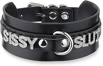 Women's Black Leather Choker Necklace with Rhinestone Letters, Adjustable Punk Gothic Custom Name D-ring Collar Jewelry For Women
