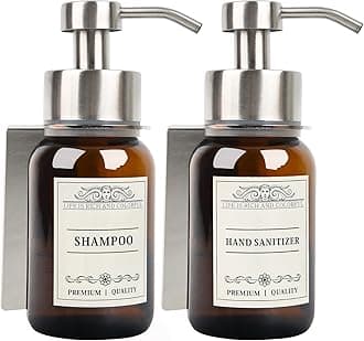 Glass Soap Dispenser with Pump and Wall Mount Holder,8.5 Oz Shampoo and Conditioner Dispenser,Dish Soap Dispenser with Waterproof Labels,2 Pack|Silver