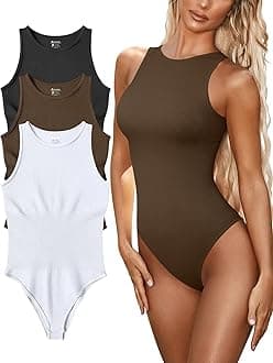 Women’s Sexy Ribbed Bodysuit Tops - 3 Piece Sleeveless Halter Neck Bodysuits with Tummy Control (Color : Black Coffee White, Size : L)