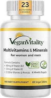 Vegan Vitality Multivitamins & Minerals for Women and Men with High Strength Vitamin B12, D3 & K2. 180 Vegan Multivitamin Tablets - 6 Months Supply. Vitamins for Vegans. Women Multivitamin