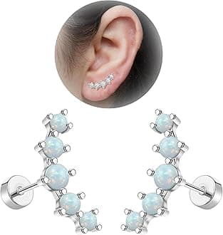 20G Cartilage Earrings for Women 14K Gold Stainless Steel Flat Back Cartilage Stud Earrings for Sensitive Ear Leaf Opal CZ Handmade Helix Conch Piercing Jewelry