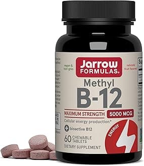 Jarrow Formulas Methyl Vitamin B12 5000 mcg - 60 Chewable Tablets, Naturally Fruit Flavored- Bioactive B12 Vitamin - Supports Cellular Energy Production, Brain Health & Metabolism - 60 Servings