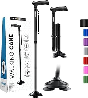 HONEYBULL Walking Cane for Men & Women Foldable, Adjustable, Heavy Duty, Free Standing, All Terrain, Collapsible Walking Sticks for Seniors & Adults