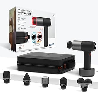 SHARPER IMAGE Powerboost Pro Hot + Cold Percussion Massager, Dual-Temperature Hot + Cold Massage Node, 6 Speed Settings, 6 Attachments, Quiet Brushless Motor, Pain Relief for Muscles Neck Back Arms