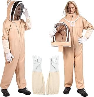 Professional Beekeeping Suit Outfit Apiarist Full Body Suit Beekeeping Jacket with Gloves &Ventilated Hood Beekeeper Hat for Backyard Beginner Beekeepers (Apricot, XL/5'7"-5'11")