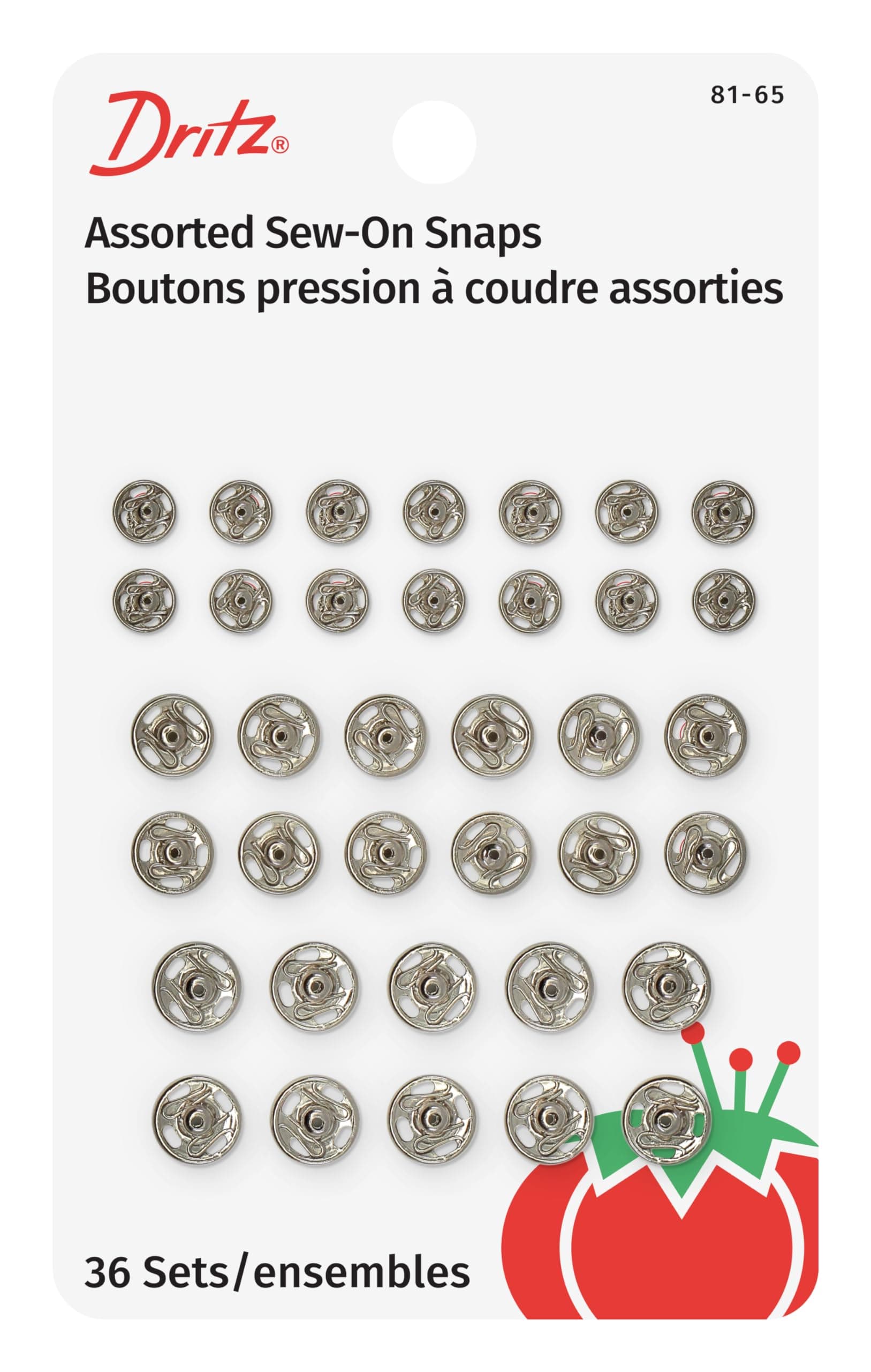 81-65 Sew-On Snaps, Size 1/0, 2/0 & 4/0, Nickel-Plated Brass, 36 Count