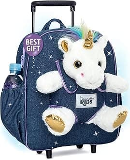 【Upgraded】Toddler Luggage for Girls w Removable Unicorn Toy | Side & Inner Pockets, Reflective Logo, Name Tag, Sparkly Denim | Kids Rolling Backpack | Travel & Birthday Gifts for 3 4 5 6 Year Old