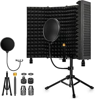Dmsky Recording Microphone Isolation Shield with Pop Filter & Tripod Stand,Foldable Mic Shield with Triple Sound Insulation, High Density Mic Sound Shield for Studio, Podcasts, Singing,Broadcasting