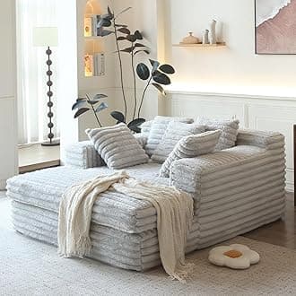 WILLIAMSPACE 57.87" Chaise Lounge Sofa Cozy Cloud Couch for Living Room, Modern Upholstered Foam Floor Sleeper Daybed Sofabed with 5 Throw Pillows & Wide Armrest, Corduroy, Beige