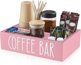 ALELION Coffee Station Organizer - Wood Countertop Accessories Organizer with Removable Dividers for Pods Condiment Syrup Tea Cups Stirrers - Pink Decor for Kitchen Coffee Bar