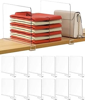 HBlife 12 Inches Tall [Extra Tall Version] Clear Shelf Dividers, 12 Pack Purse Organizer for Closet Perfect for Sweater, Shirts, Handbags, Acrylic Adjustable Bookshelf for Organization