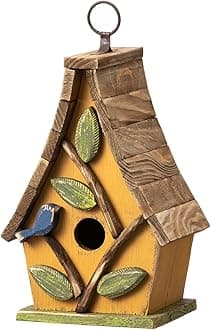 Glitzhome Bird Houses for Outside, Bluebird Houses for Outdoors, 9.5"H Hanging Bird House Decorative Solid Wood Birdhouse with Natural Wood Pallet Roof for Hummingbird,Sparrow,Wren Finch,Washed Yellow