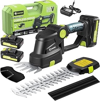 Saker Cordless Hedge Trimmer-20V Electric Shrub Trimmer Grass Shears Handheld Grass Cutter, Hedge Shear with 2 PCS Rechargeable Battery and Charger for Garden, Lawn