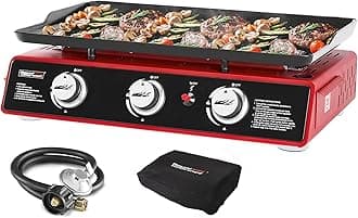 PD1301R 3 Burner Tabletop Propane Gas Griddle with Cover, 24 Inch Portable Griddle with 25,500 BTUs Output for Outdoor Cooking While Camping or Tailgating, Red