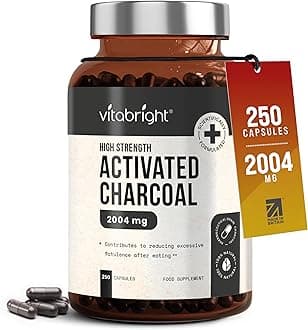 VitaBright Activated Charcoal Tablets for Stomach Wind | 2004mg | 250 Capsules | Activated Charcoal Powder in Easy-Open Veggie Capsules | Debloating Tablets - Reduce Flatulence
