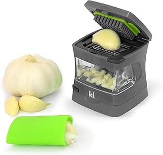 Kitchen Innovations Garlic-A-Peel Garlic Press, Crusher, Mincer, and Storage Container - Includes Silicone Garlic Peeler - Easy to Clean - Stainless Steel Blades Grey