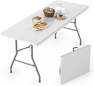 Foldable Table 6ft, Plastic Folding Table, Portable Heavy Duty Dining Table with Lock Function & Carrying Handle, Outdoor Indoor Foldable White Table for Camping Party Picnic