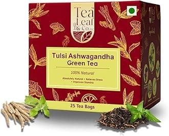 Tea Leaf & Co. Tulsi Ashwagandha Green Tea for Stress Relief, Immunity Boost & Fat Loss |Detox & Relaxation Blend | Natural Green Tea Bags for Skin, Digestion & Heart Health 25 Tea Bags Pack