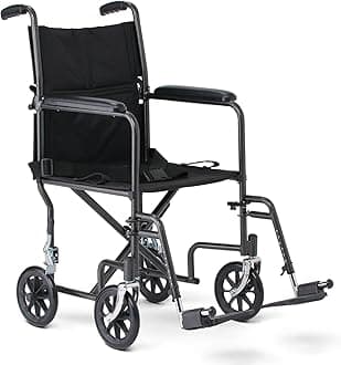 - Medline Durable Folding Steel Transport Wheelchair with Swing-Away Footrests, 19-Inch Seat Width, Black Frame, Black Upholstery