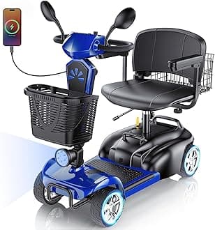 15/25/30/50Miles Eldryvon 4 Wheels Electric Mobility Scooter for Seniors, Dual Basket, 350W Powered Wheelchair with Rotating Seat, Mirrors, Foldable Motorized Scooter for Adults (Blue, 15Miles)