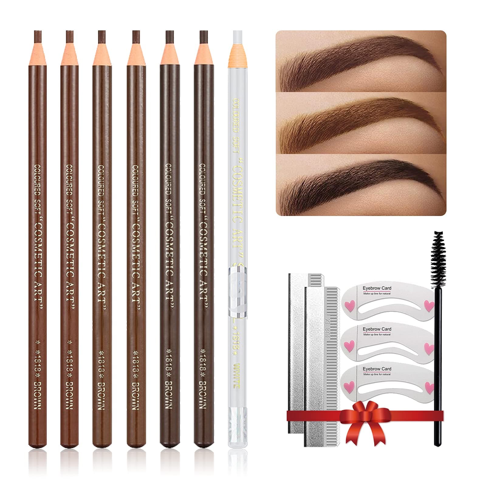 Waterproof Eye-Brow Pen-cil Set, Pull Cord Peel-off Eyebrow Pencil Microblading Eyebrow Pen Supplies Kit, White Eye-Liner Pencil and Eyebrow Tool Tattoo Makeup (6+1 Brown+Dark Brown+Light Brown)
