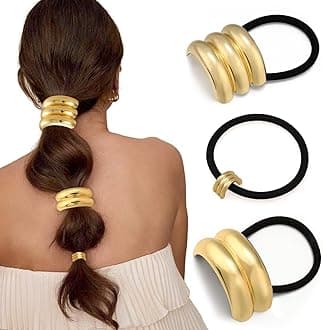 3PCS Gold Hair Ties, Metal Hair Ties for Thick Hair, Elegant Durable Geometri...