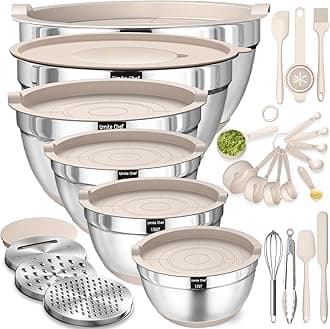 Umite Chef Mixing Bowls w/ Airtight Lids Set，26PCS Stainless Steel Khaki Bowls w/ Grater Attachments，Non-Slip Bottoms & Kitchen Gadgets Set，Size 7，4，2.5，2.0,1.5，1QT，Great Mixing & Serving，silver
