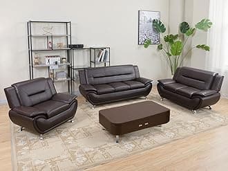 Living Room Sofa Set Breathable Leather Couches for Living Room, Living Room Furniture Set, Sofa Set for Bedroom, Apartment, Living Room Furniture Sets (b-Leather Brown, Sofa+Loveseat+Chair)