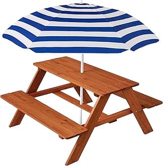 Best Choice Products Wooden Kids Picnic Table with Umbrella, Outdoor Activity Table Set with Built-in Benches, 220 lb Capacity per Bench - Golden Brown/Navy
