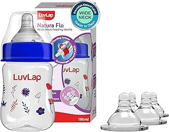 Luvlap Anti-Colic Natura Flo Teat/Nipple for Wide Neck Bottle, 4pcs, Fast Flow, 6m+ & LuvLap N Flo W Neck F Botl, 150ml, Red Blue Floral