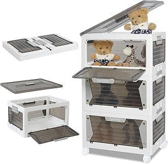 Rainberg Large Storage Boxes with Lids, Strong & Sturdy Plastic Storage Boxes, Stackable Nestable Container for Home & Office use. (White & Grey, 3 Tier 150L Storage)