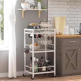 Bar Cart, Home Bar Serving Cart, Microwave Cart, Drink Cart, Mobile Kitchen Shelf with Wine Rack and Glass Holder, Rolling Beverage Cart BC01BW033