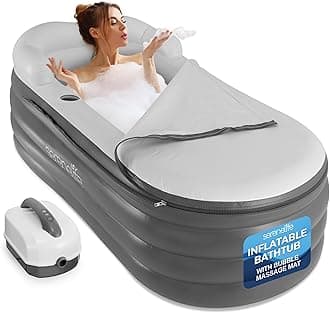 SereneLife Inflatable Bathtub with Bubble Massage Mat, Non-Slip, Backrest Support, Includes Pillow, Cup Holder, Remote Control, Easy Storage, PVC Material, Supporting Up To 345 lbs., ‎66"x30"x26"