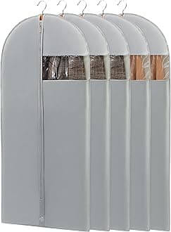Perber 50" Garment Bag, Mens Suit Bags for Closet Storage and Travel, Garment Bags for Hanging Clothes, Foldable Suit Cover Bags with Clear Window for Coats, Jackets, Dresses - Gray/ 5 Packs