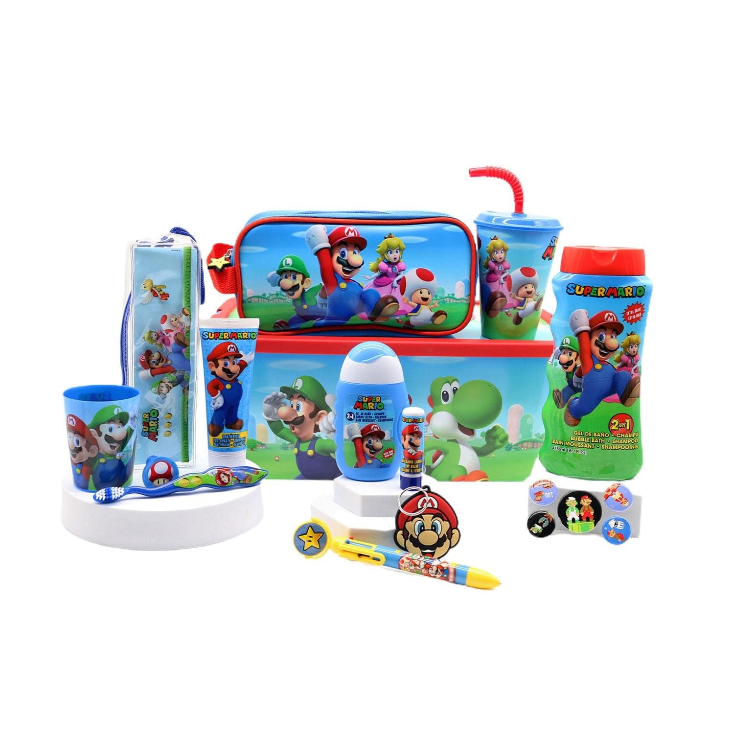 Super Mario Gift Set for Kids Includes 2-in-1 Bubble Bath & Shampoo, Toiletry Bag, Dental Kit, Sport Tumbler, Storage Box, Multicolour Click Pen, Keychain, Badges Pack
