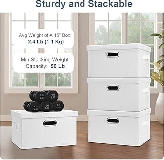 Graciadeco Medium 15" 21 Quart Collapsible Stackable Storage Bins with Lids, 1 Pack White Foldable Fabric Closet Storage Boxes with Lids, 4 Handles Heavy-duty Linen Cube Baskets for Bedroom