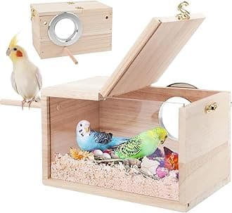 Rypet Parakeet Nesting Box Transparent Design, Thwartwise Bird Nest Breeding Box with Perch Wood Bird Cage House for Cockatiel Lovebirds Budgie Finch Parrotlets Canary S