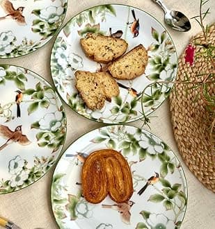 GOLDEN QUEEN'S Snack Plates Set of 4 | Perfect for Snacks, Desserts, Appetizers, Salads, Tapas, Cheese | 7 inches Wide | Microwave Safe (Birds & Green Floral)