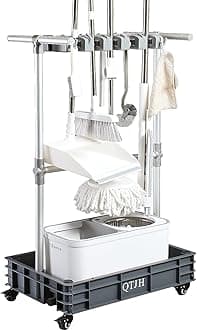 Broom mop holder cleaning supplies organizer janitorial carts on wheels housekeeping station storage tools for garage, garden, closet, cabinet.