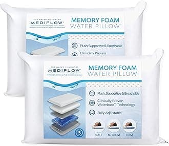 Water Pillow with Memory Foam — Adjustable Waterbase; One-Piece Foam; Clinically Shown to Reduce Neck Pain; Deep, Uninterrupted Sleep; Side/Back/Stomach Sleepers, Standard/Queen (Twin Pack)